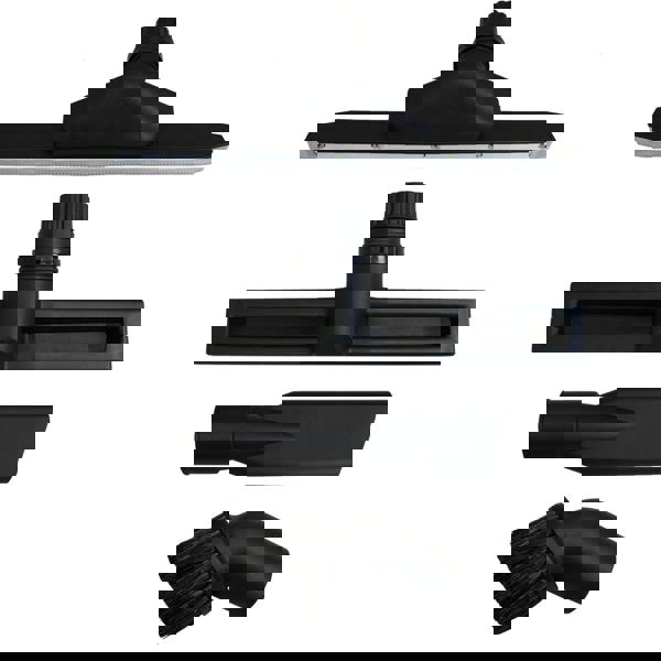 Four black vacuum attachments for a 90L wet and dry vacuum, including a gutter vacuum pole, brush, and crevice tool, showcasing durable materials and versatile shapes