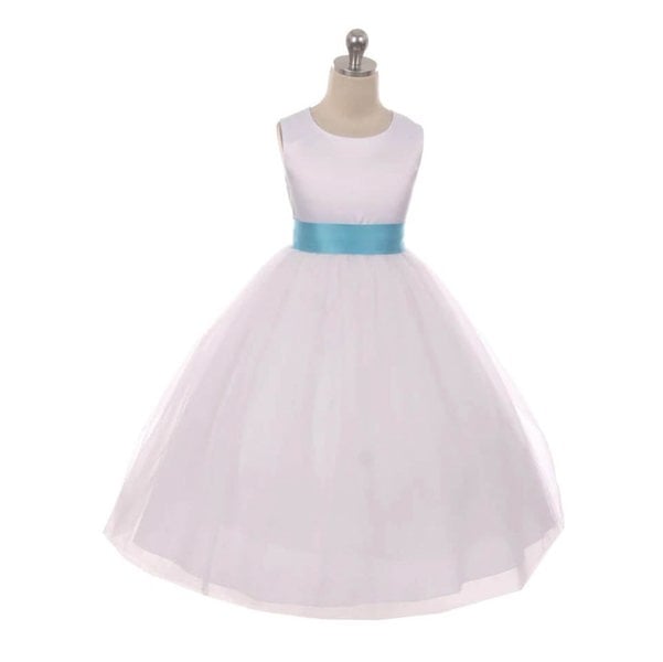 Girls white party dress with aqua coloured sash