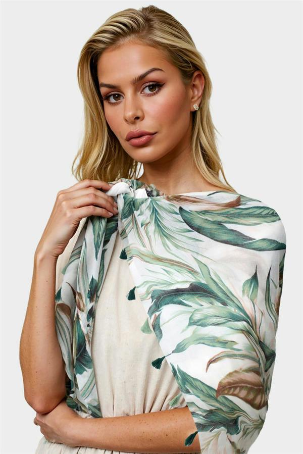 FS Collection Green Leaf Print Tassel Scarf In White