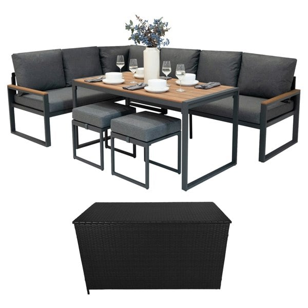 Jardi Aluminium Corner Sofa Set With Black Rattan Storage Box - Wood Effect