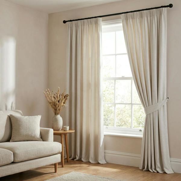 Castello made-to-measure curtains in Ivory, styled in a living room