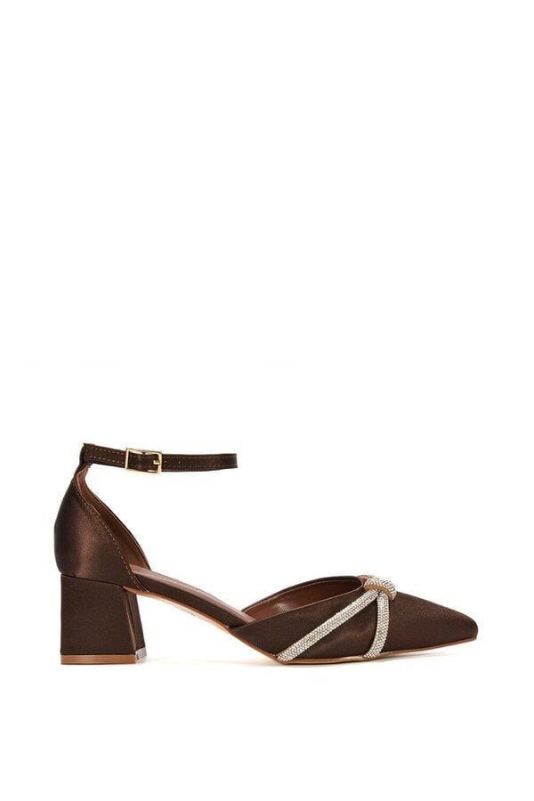 XY LONDON Ankle Strap Pointed Toe Diamante Mid Block Heels