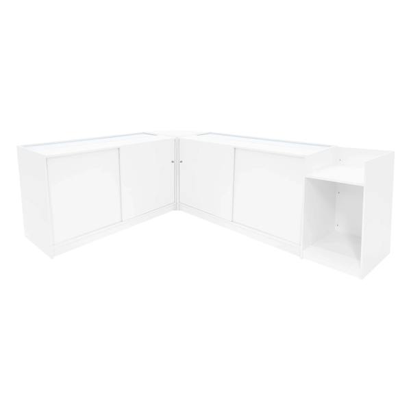 Polaris LED Shop Counter Set in white, featuring sleek design, smooth surfaces, and integrated LED lighting for display areas