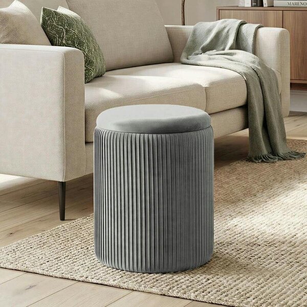 Storage Ottoman Modern Velvet Round Foot Stool for Living Room Bedroom 45 cm Grey - Grey
