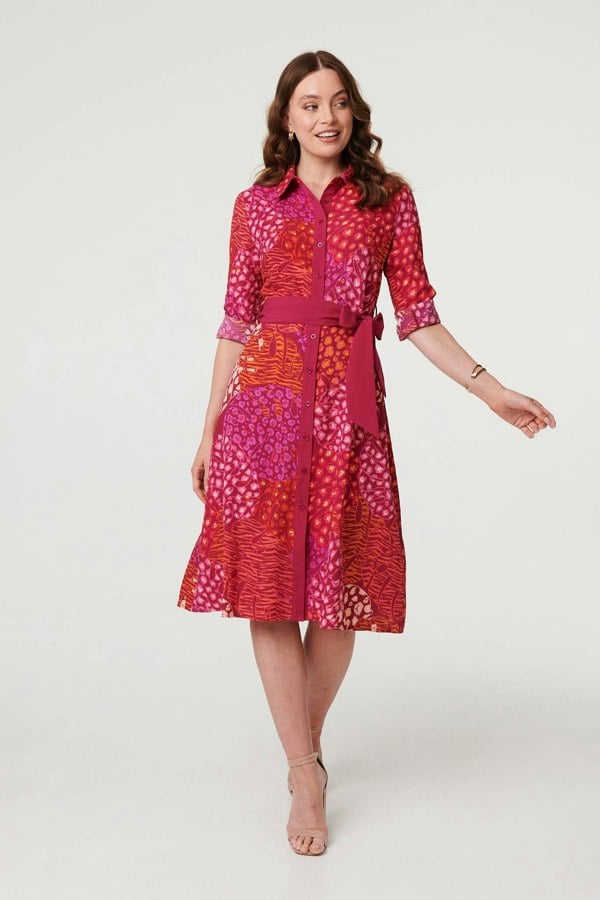 Pink | Printed Long Sleeve Collared Midi Dress
