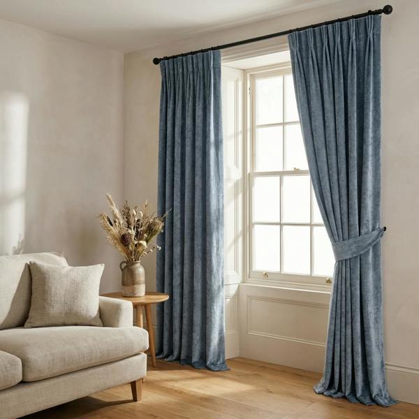 Castello made-to-measure curtains in Sky, styled in a living room