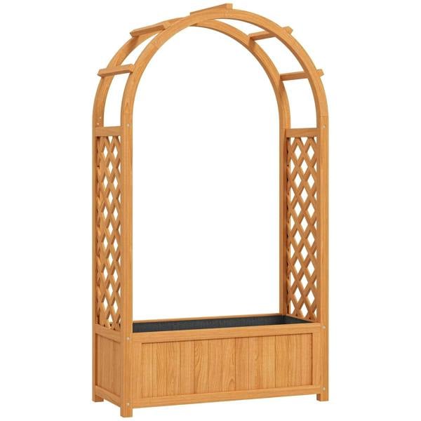 Brown wooden raised garden bed with trellis frame and planter box