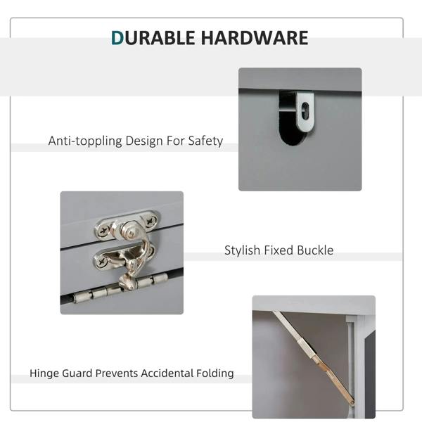 Grey folding convertible desk hardware: anti-topple buckle and hinge guard mechanism