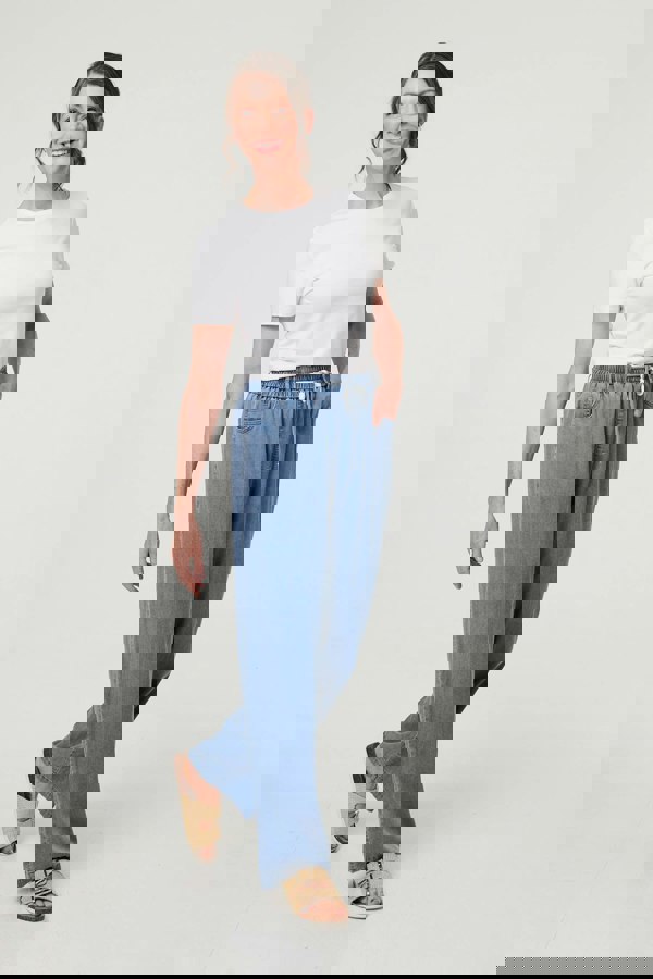 Blue | Denim Elasticated Waist Crop Trousers
