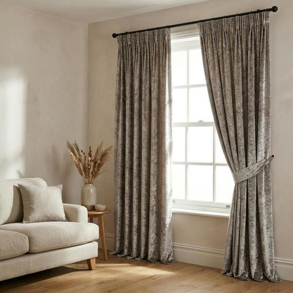 Luxe made-to-measure curtains in Argent, styled in a living room