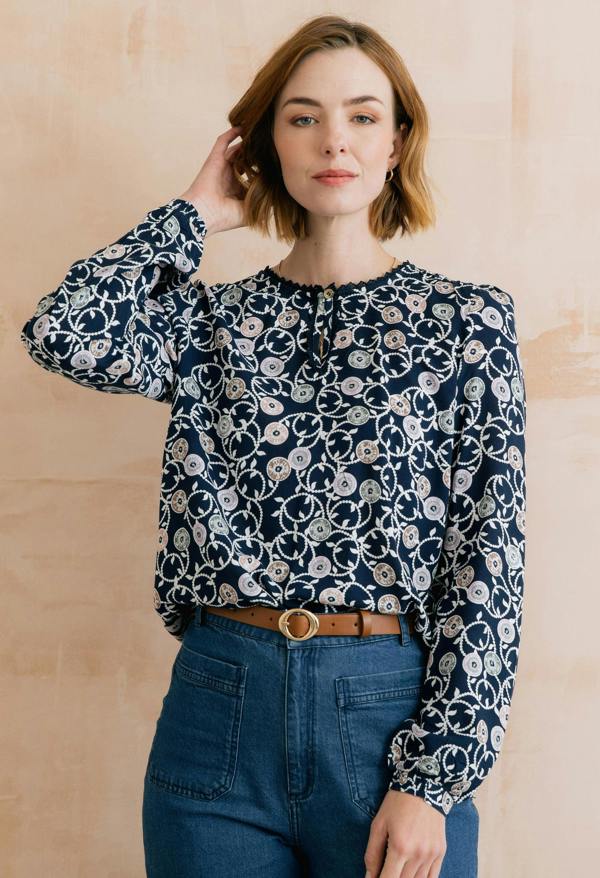 Lily & Me Emily Printed Keyhole Blouse Navy
