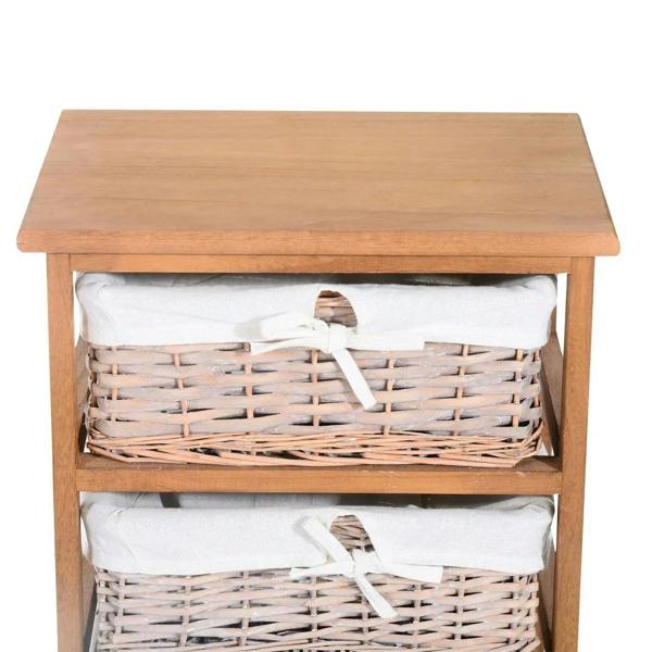 Rectangular wicker basket drawer storage cabinet with wooden frame and two white-lined baskets