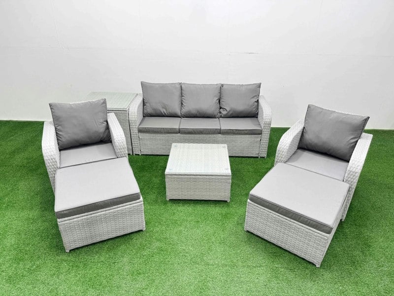 Fimous PE Rattan Garden Furniture Set Reclining Chair Sofa Lounge Sofa Set Square Coffee Table Side Table 2 Big Footstool Light Grey