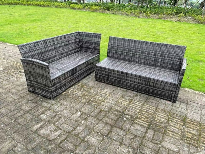 Fimous High Back Dark Mixed Grey Rattan Corner Sofa Set Outdoor Furniture Rectangular Dining Table 2 Small Footstools 8 Seater