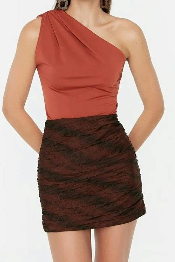 WOVCOR Printed Asymmetrical Collar Elastic Snap Button Knitted Bodysuit