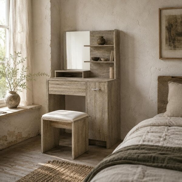 Wyld Haus Marini Wood Effect Dressing Table And Stool Set With Storage