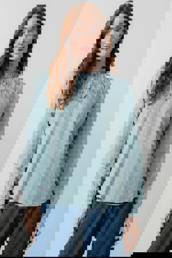 Lily & Me Emily Cotton Check Keyhole Blouse Ice Blue