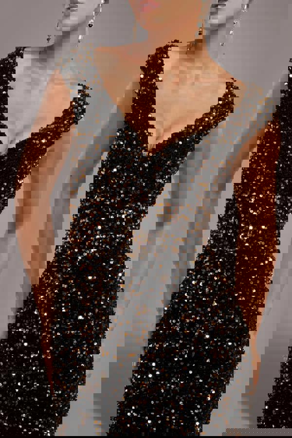 Multi Sequin & Velvet Bardot Midi Dress - Gold DR3550