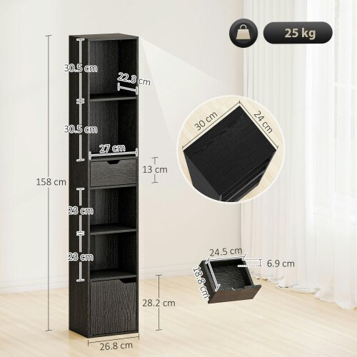 Wyld Haus Nota Wooden Black Tall Narrow 6 Tier Bookcase With Drawer And Door
