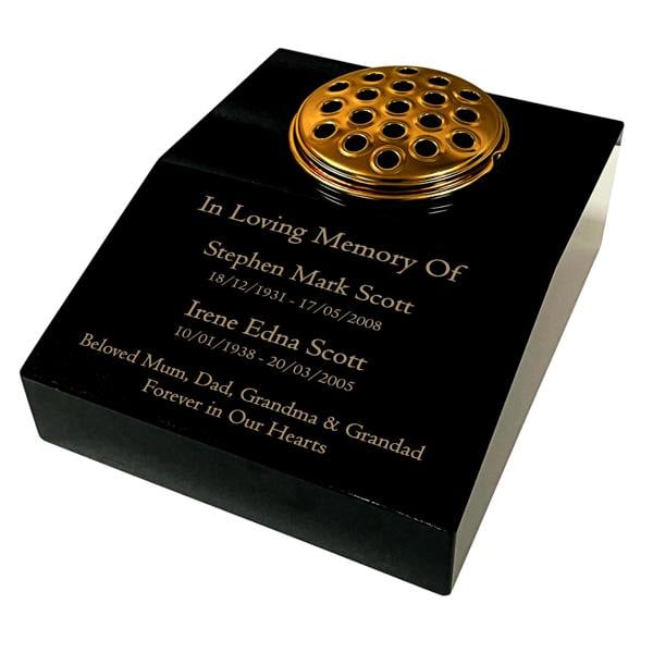 Memorials Direct Black Granite Sloping Memorial Desk with Vase for Two Names Free Gold Engraving