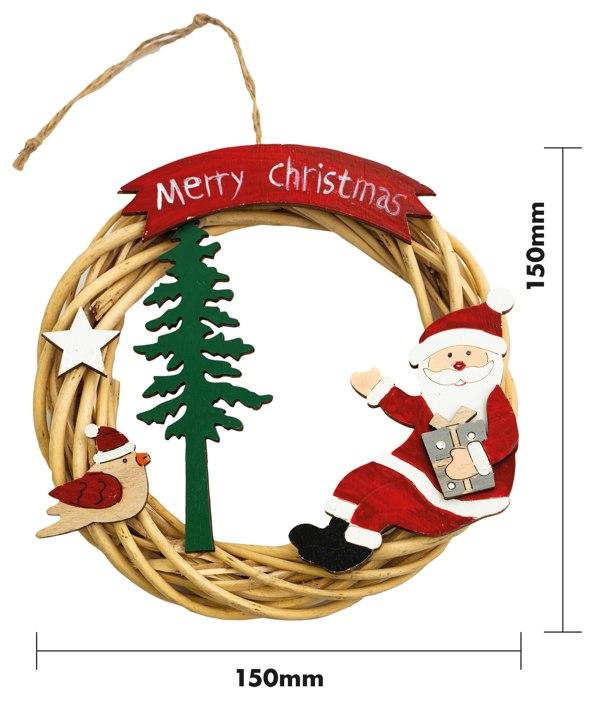 St Helens Natural Colour  Hanging Wicker  Wreath With Santa-