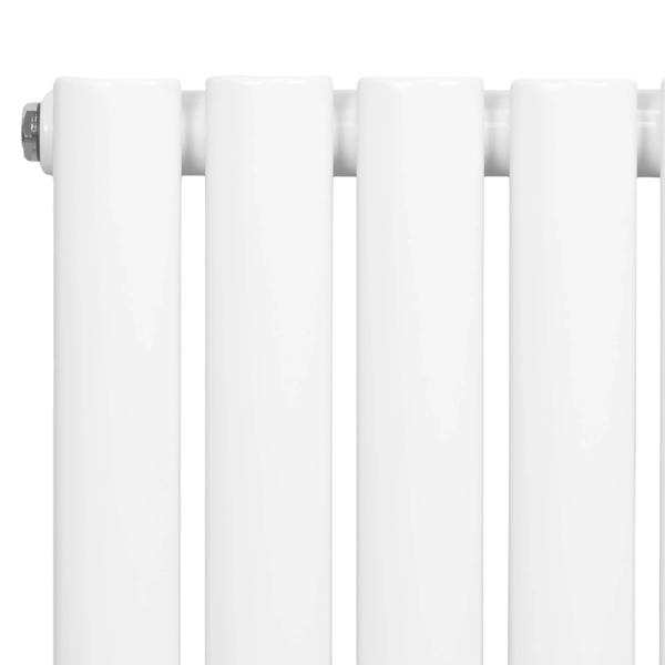 Sleek white oval single column radiator, 600 x 1200mm, showcasing smooth, glossy finish and rounded edges for modern interiors