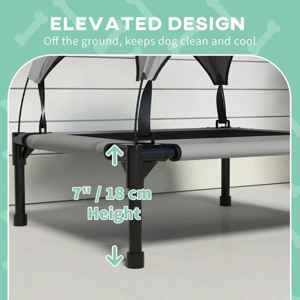 Elevated cooling pet bed with light grey frame and canopy over raised base