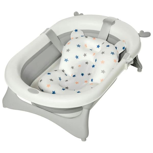 Foldable baby bathtub with off-white frame, gray accents, and star-patterned cushioned insert