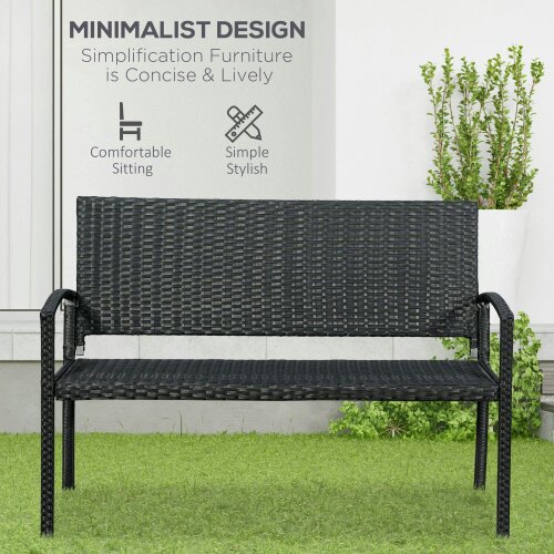 Wyld Haus Vasu Rattan Black 2 Seater Outdoor Garden Bench With Armrests And Reinforced Backrest