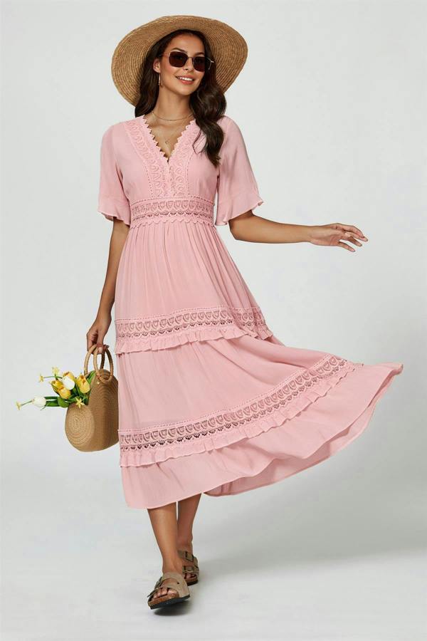 FS Collection V Neck Lace Detail Midi Dress In Rose Nude