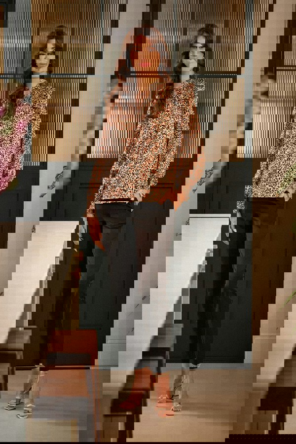 Beige | Animal Print Tie-Up Keyhole Neck Blouse