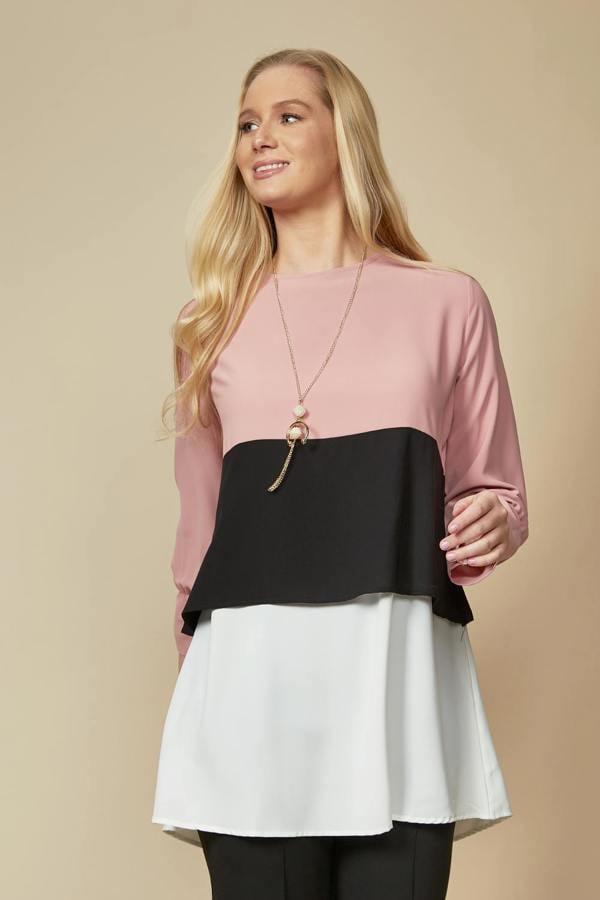 Hoxton Gal Oversized Colour Block Top in Light Pink, Black and White