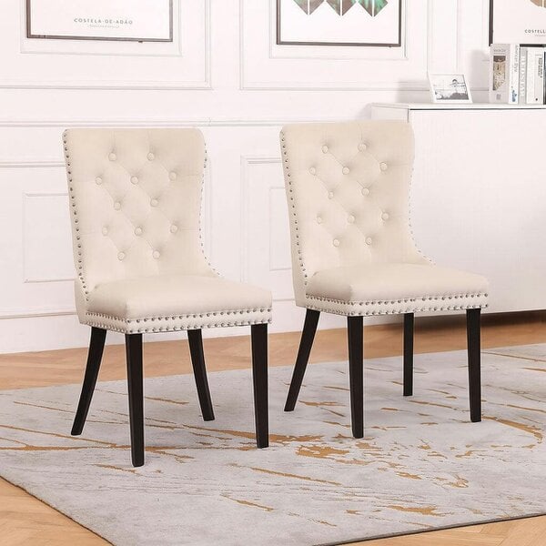 Neo Set Of Two Studded Natural Velvet Dining Chairs with Ring Knocker Detail