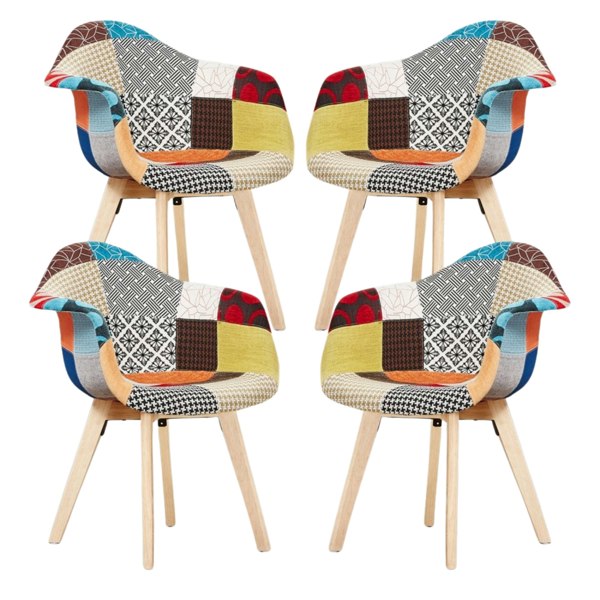 Life Interiors Set of 4 Patchwork Multicolor Fabaric Upholstered Accent Chairs with Wooden Legs, Mid-Century Modern Armchair