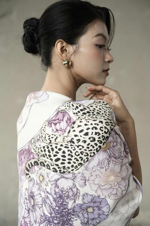 Lilac & Violet Leopard Twill Silk Scarf – Printed Mulberry Silk, Gift for Her