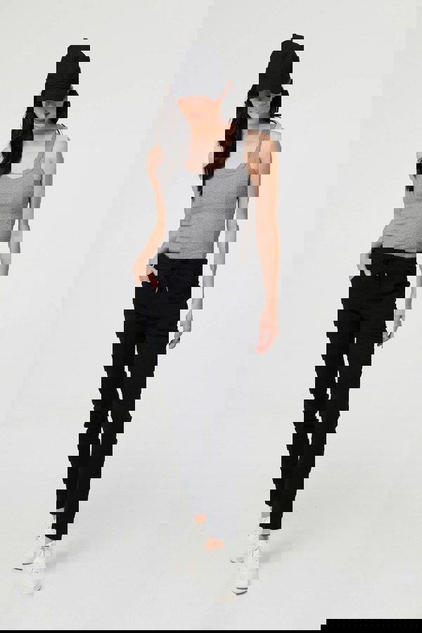 Black | Drawstring Tie Waist Tapered Trousers
