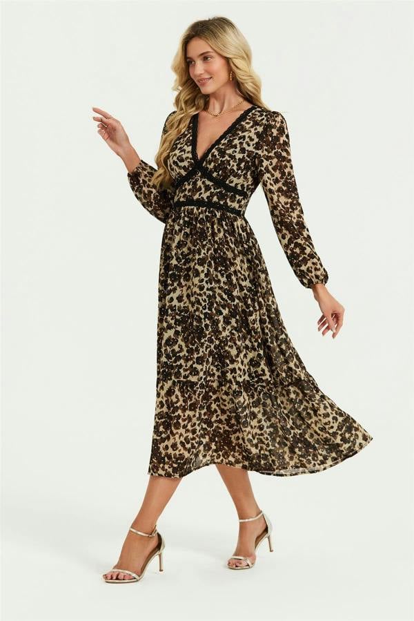 FS Collection Leopard Print Foil Lace Trim Long Sleeve Maxi Dress In Brown