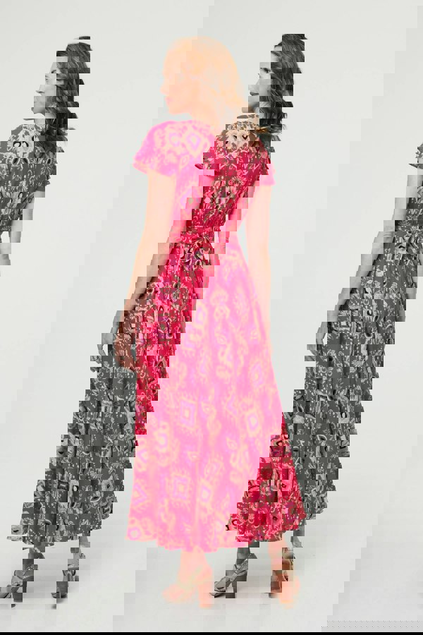 Pink | Printed Cap Sleeve Ruched Maxi Dress
