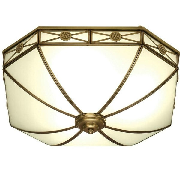 Luxury Flush Ceiling Light Antique Brass & Frosted Glass Traditional Pattern Loops