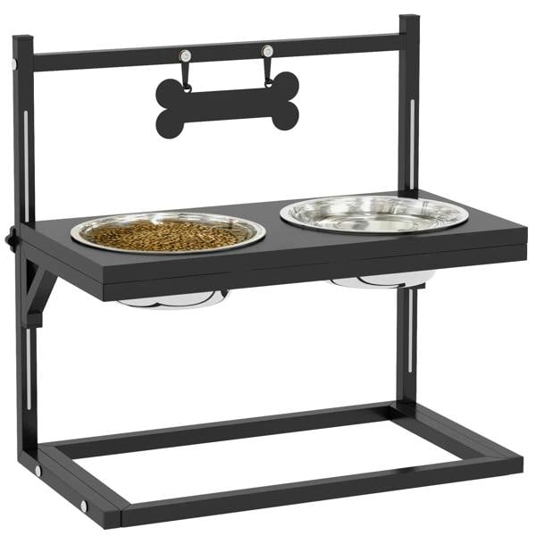 Black elevated dog bowl stand with two stainless steel bowls and adjustable height bar