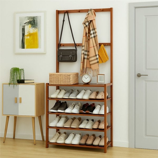 BMBO Wooden Clothes Rack With 12 Hooks & 5 Tier Shoe Storage