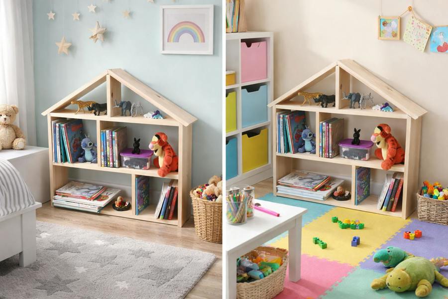 Wooden house shelf styled in a child’s bedroom with books and toys