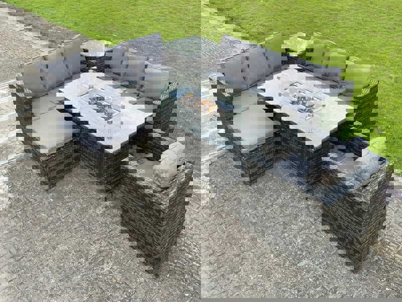 Fimous Rattan Garden Corner Furniture Gas Fire Pit Table Dining Sets Gas Heater Lounge Chair Big Footstool Side Coffee Table