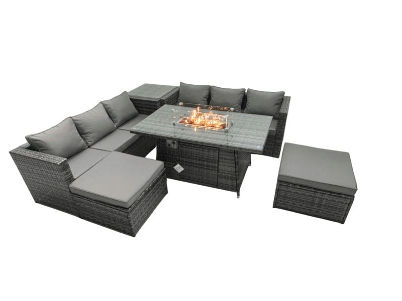 Fimous Rattan Garden Furniture Firepit Dining Set 6 Seater Lounge Sofa Table Set with Side Tables 2 Footstool