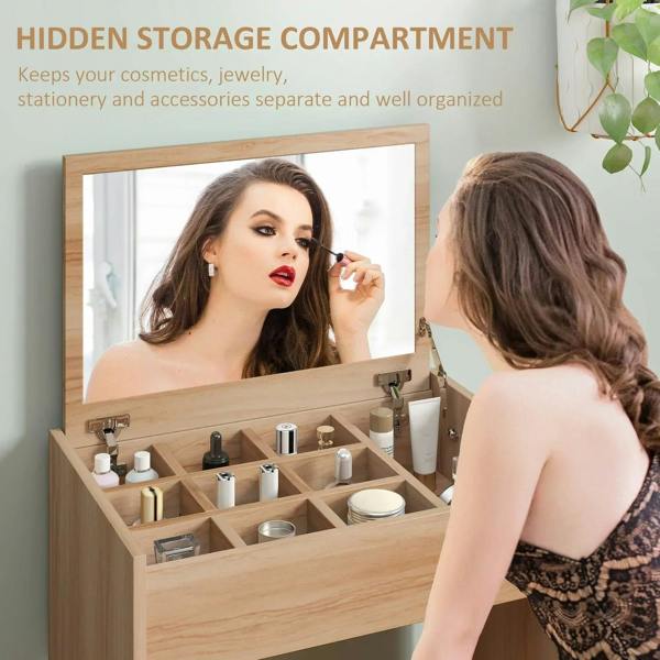 Wood vanity mirror cabinet with organized storage compartments, open top