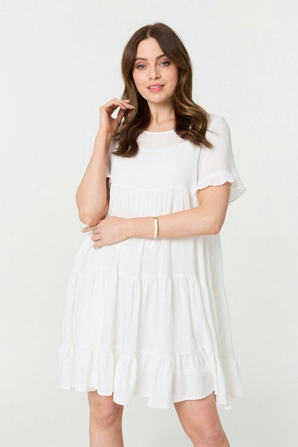 White | Short Sleeve Frilled Short Smock Dress : Model is 5'9"/175 cm and wears UK8/EU36/US4/AUS8
