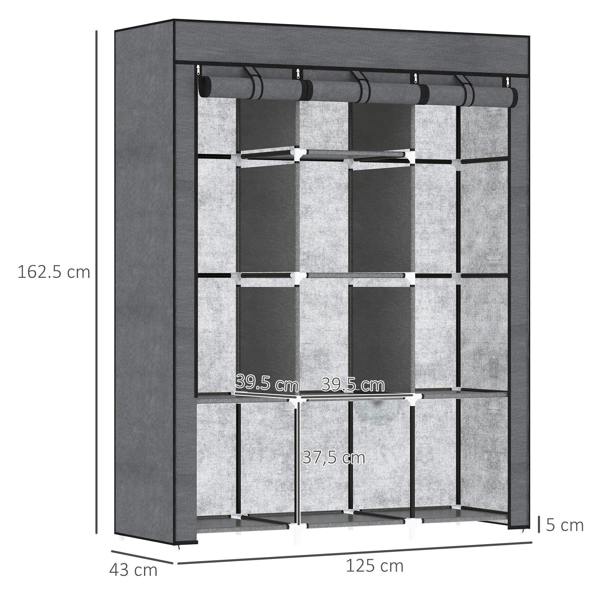 Dark grey fabric wardrobe with hanging rail and shelves, front view dimensions