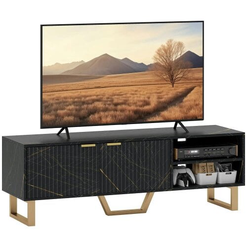 Bobobiy Marble Effect TV Unit, TV Stand Cabinet for up to 70" TVs, Modern TV Cabinet with Shelves and Storage Cupboard, Fluted Door, Black