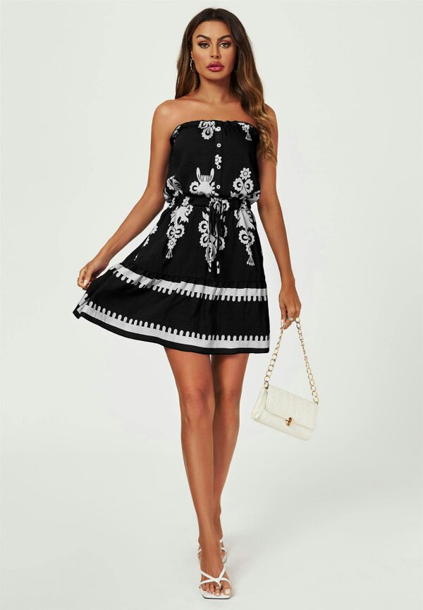 FS Collection Printed Broderie Strapless Mini Dress In Black