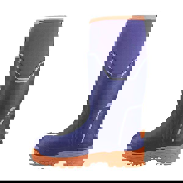 Muck Boots MUCK Boots GRIT S5 Mens Tall Safety Composite Toe/Midsole Wellie, blue waterproof safety boot with orange sole and accents, designed for industrial and work environments.